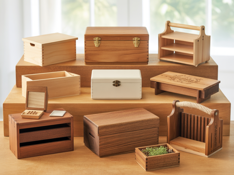 A collection of minimalist DIY wooden box projects for storage, decor, and gifts, featuring clean lines and a professional aesthetic.