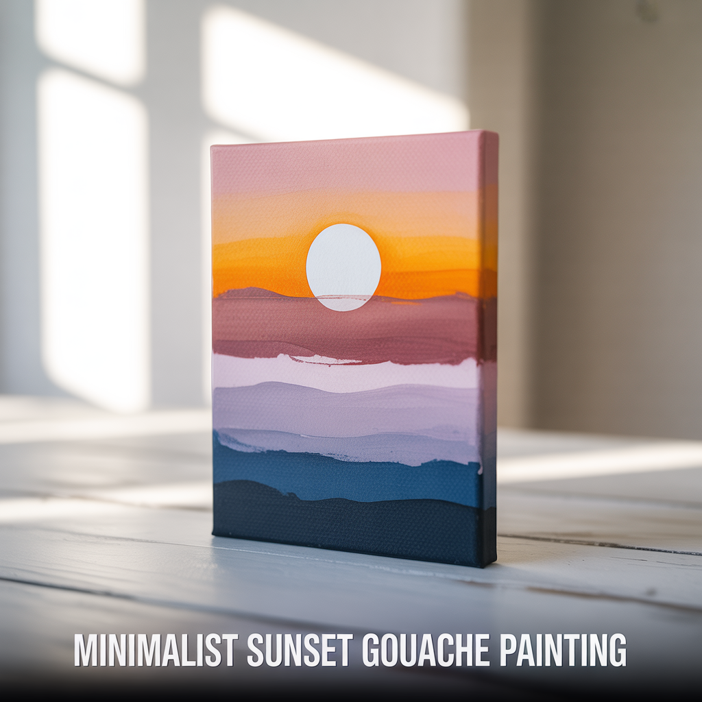 Minimalist sunset gouache painting with soft blended colors and modern artistic landscape design
