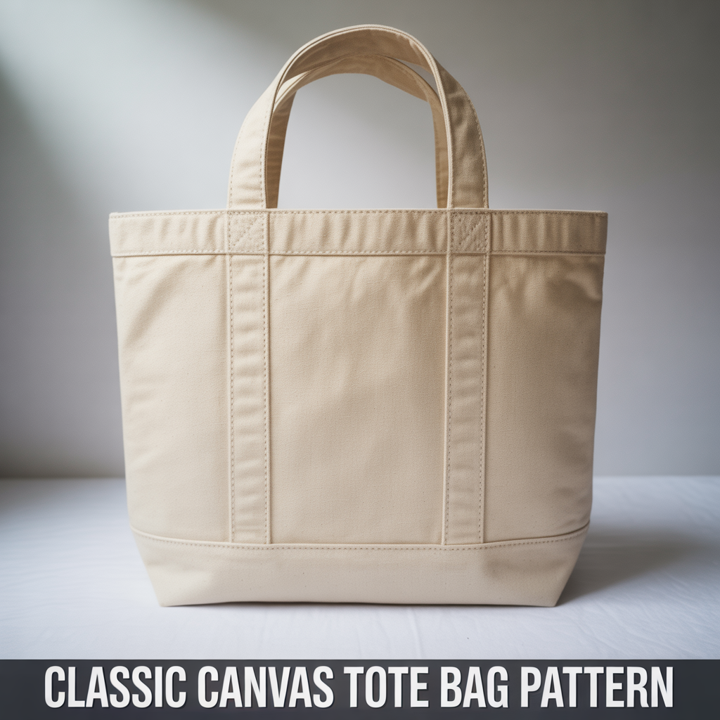 Classic canvas tote bag sewing pattern with sturdy handles and simple rectangular design.