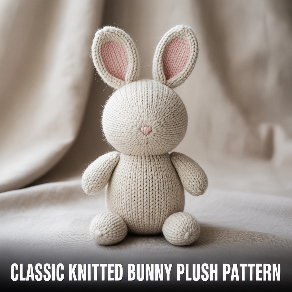 Classic knitted bunny plush pattern with soft yarn texture and cute handmade toy design
