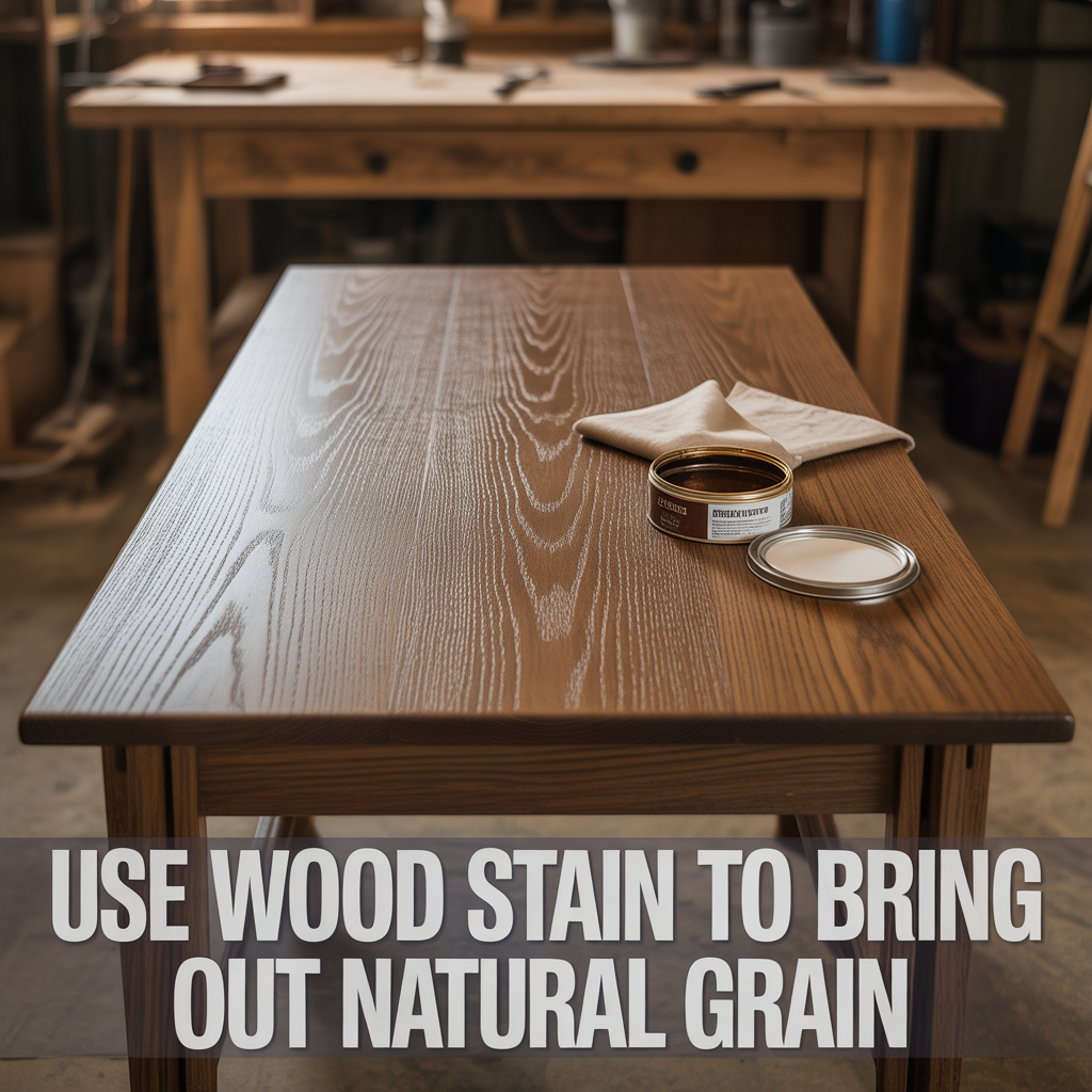 Wood table refinished with stain to highlight the natural grain and rich wood texture