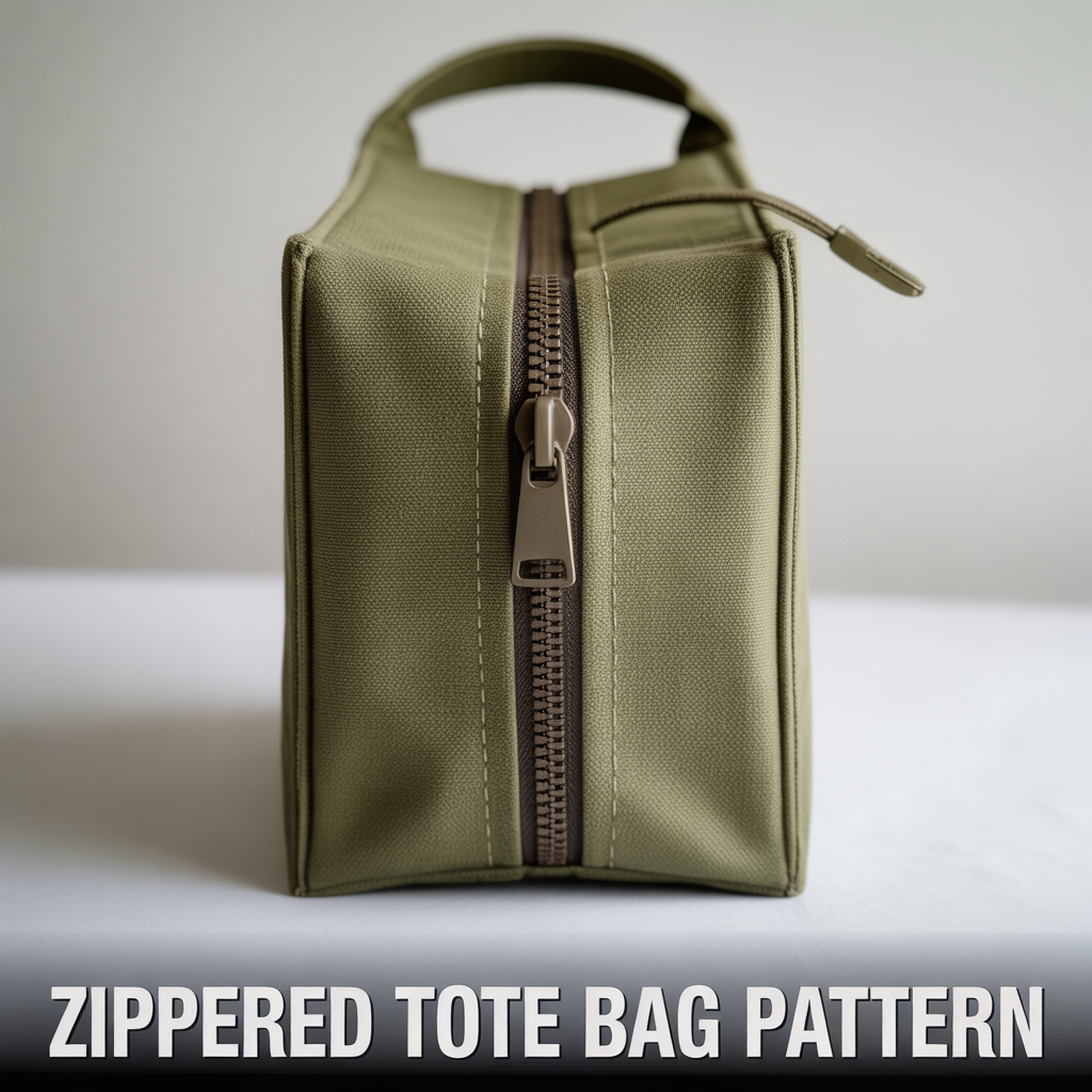 Minimalist zippered canvas tote bag sewing pattern featuring a top zipper closure and reinforced straps.