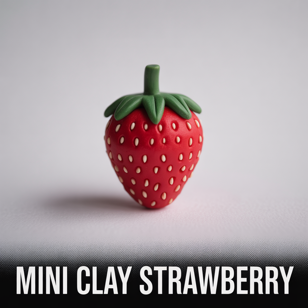 Mini clay strawberry with cute handmade details for a colorful DIY craft decoration