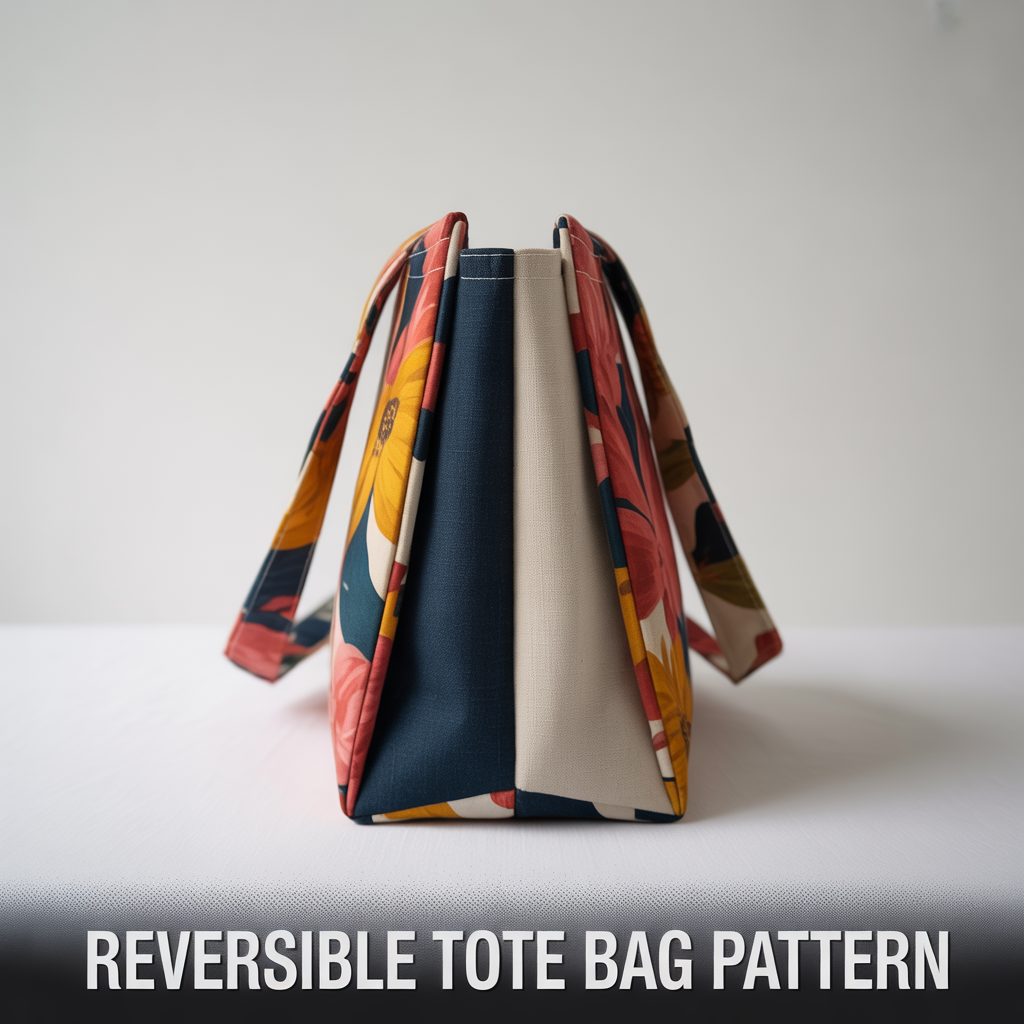 Two-sided reversible fabric tote bag sewing pattern showing both interior and exterior designs.