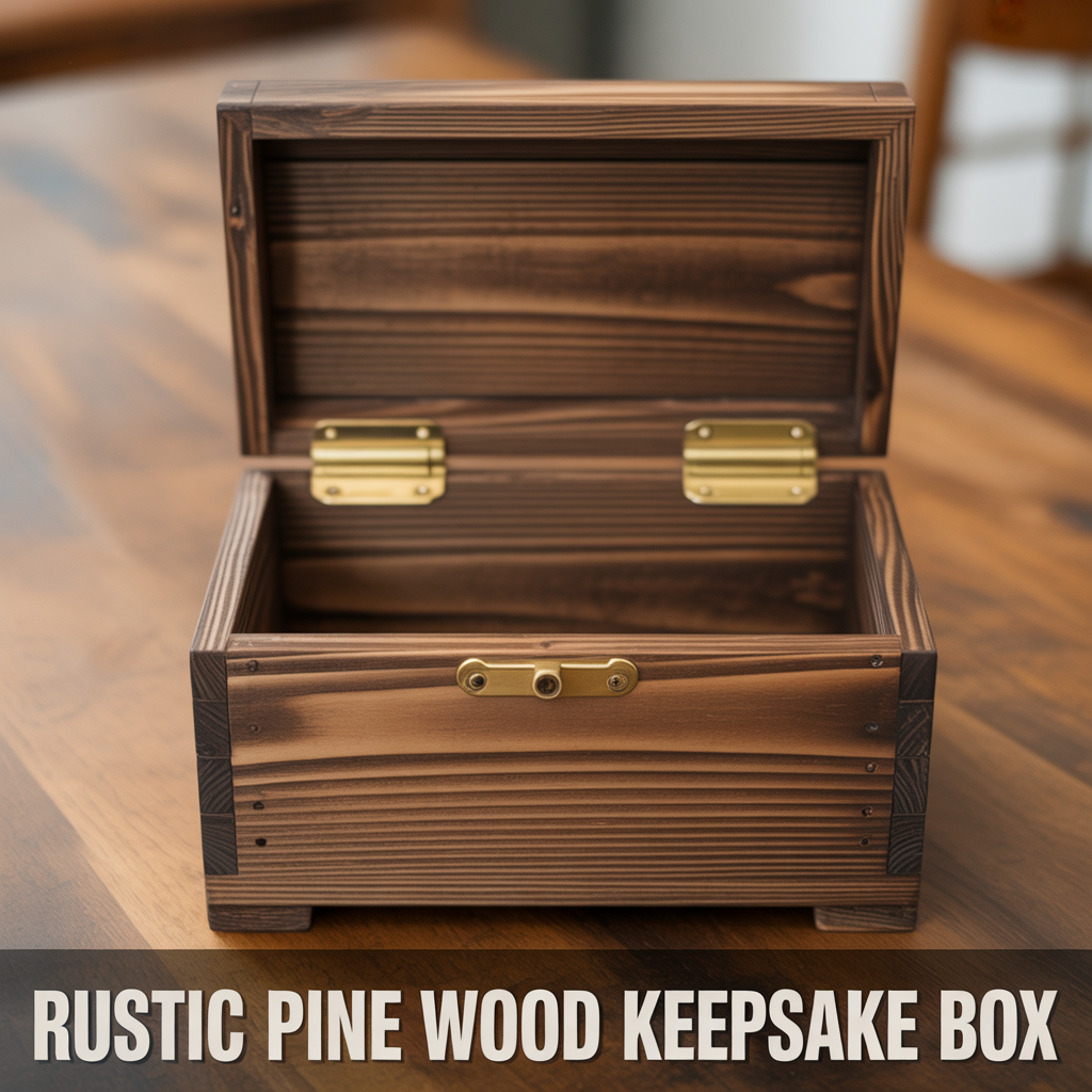 Rustic pine wood keepsake box with natural wood texture and handmade decorative storage design

