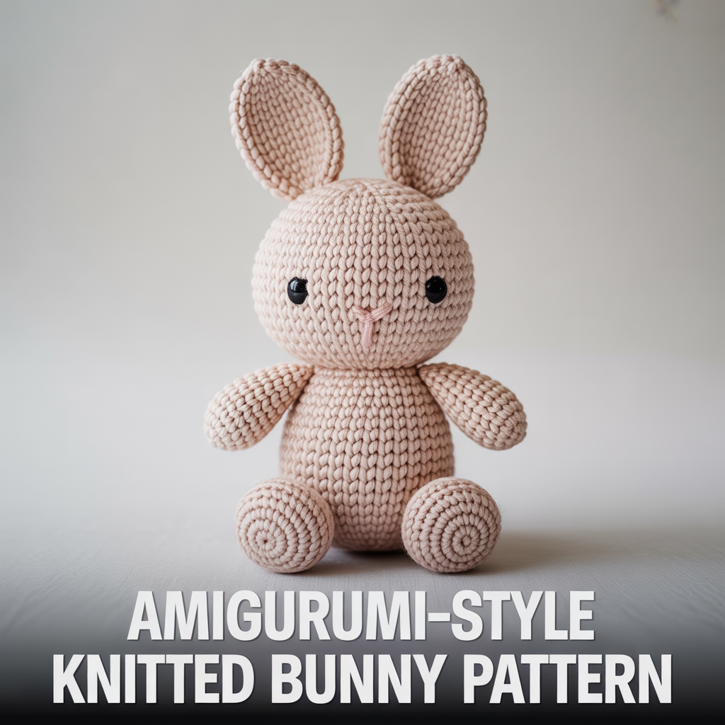 Amigurumi-style knitted bunny pattern with cute handmade plush details and soft yarn texture
