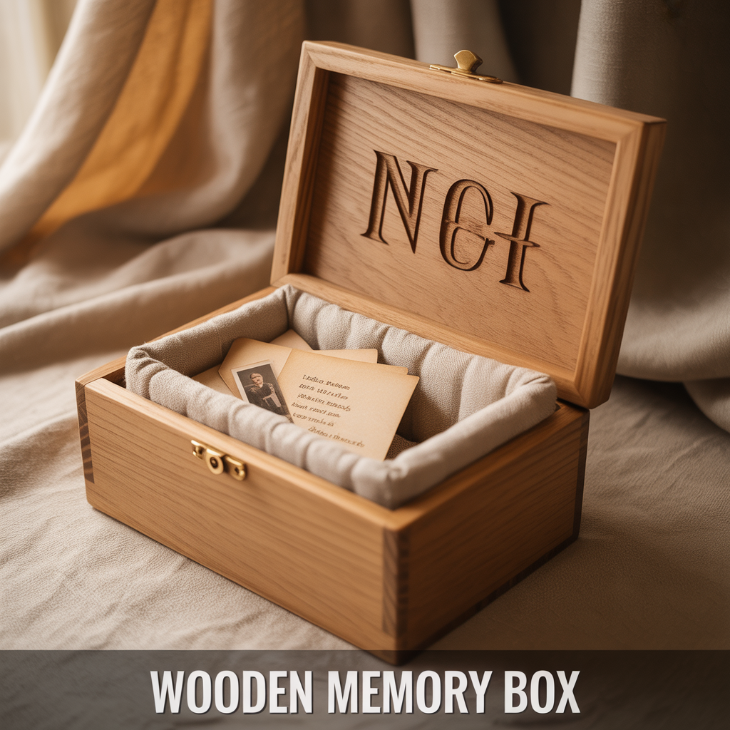 Wooden memory box with handcrafted design for storing keepsakes photos and sentimental items elegantly
