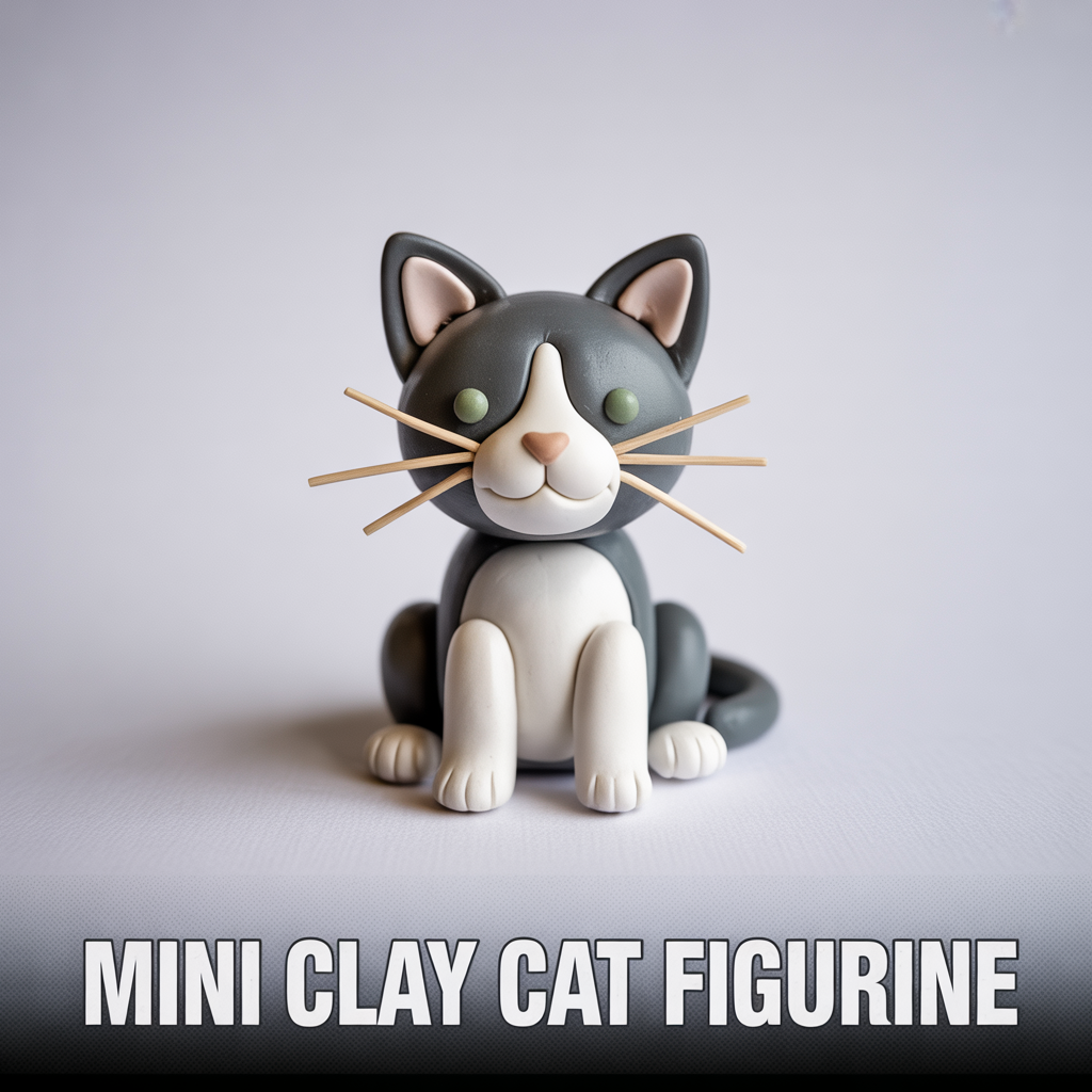 Mini clay cat figurine with handcrafted details for a cute decorative craft piece