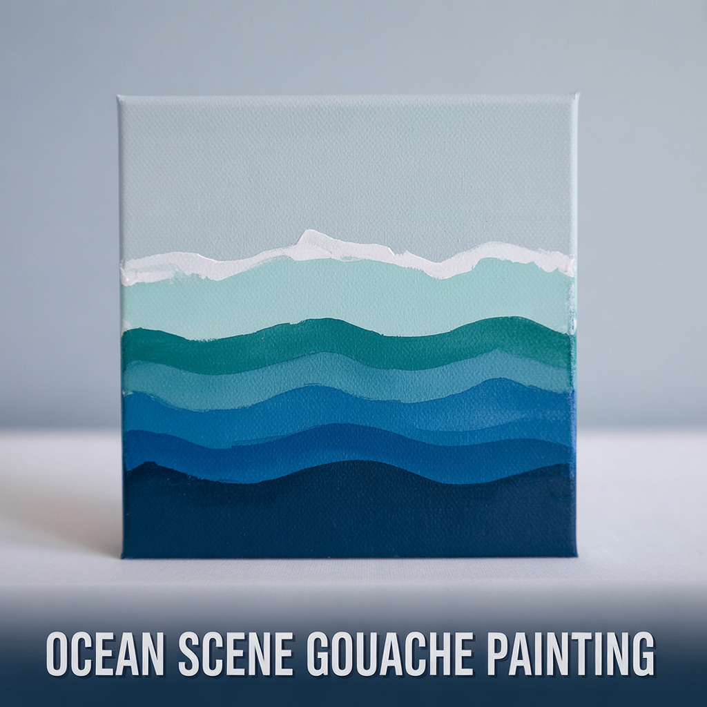 Ocean scene gouache painting with soft waves and colorful coastal landscape details
