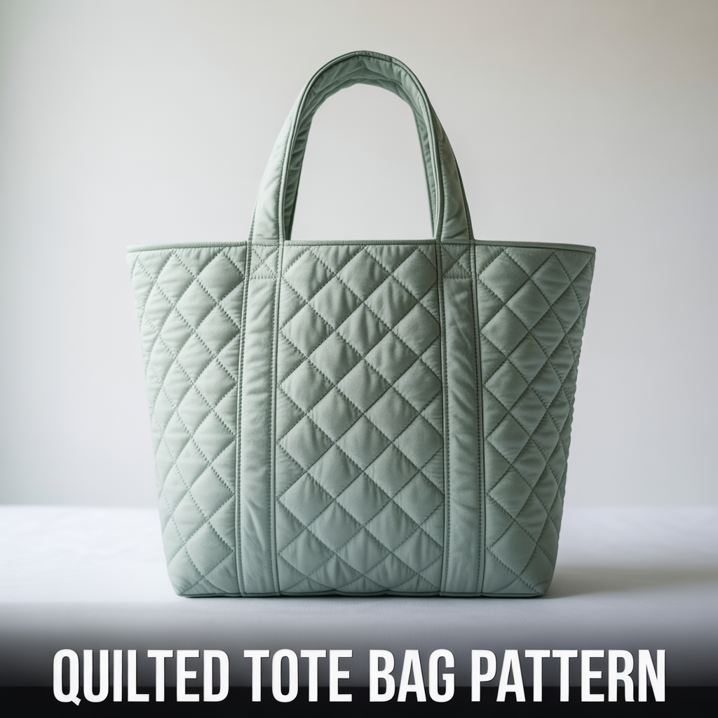 Quilted fabric tote bag sewing pattern featuring decorative diamond stitching and padded handles.