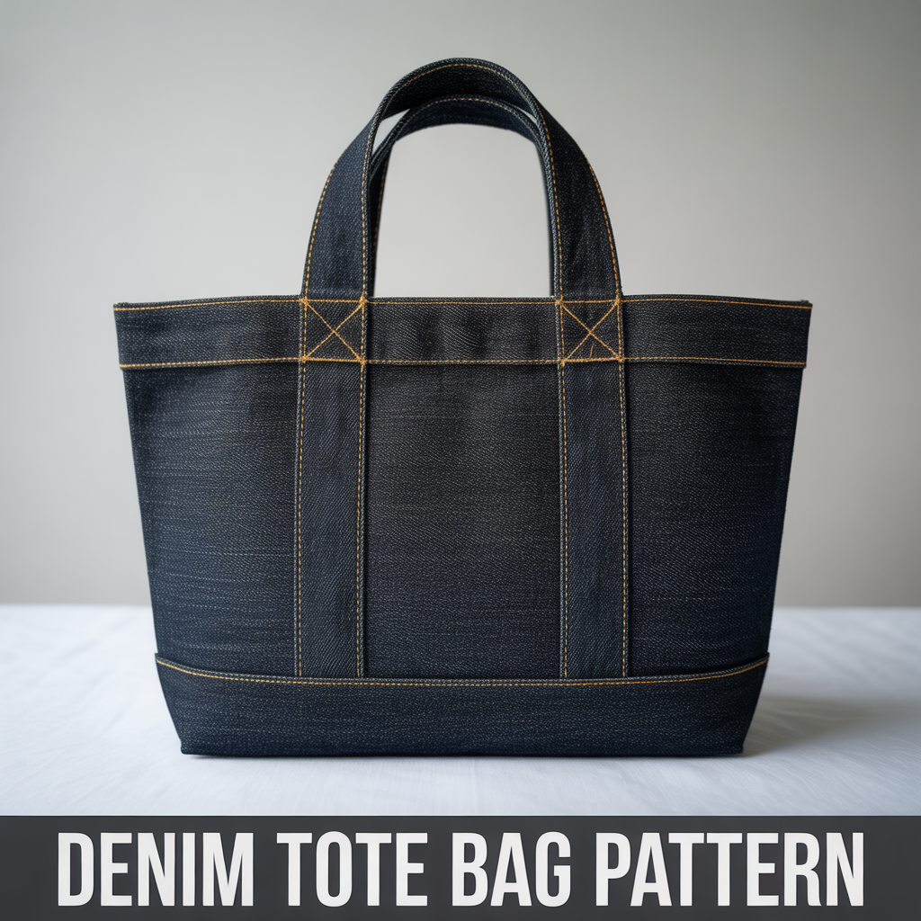 Durable denim tote bag sewing pattern featuring contrast topstitching and sturdy reinforced handles.