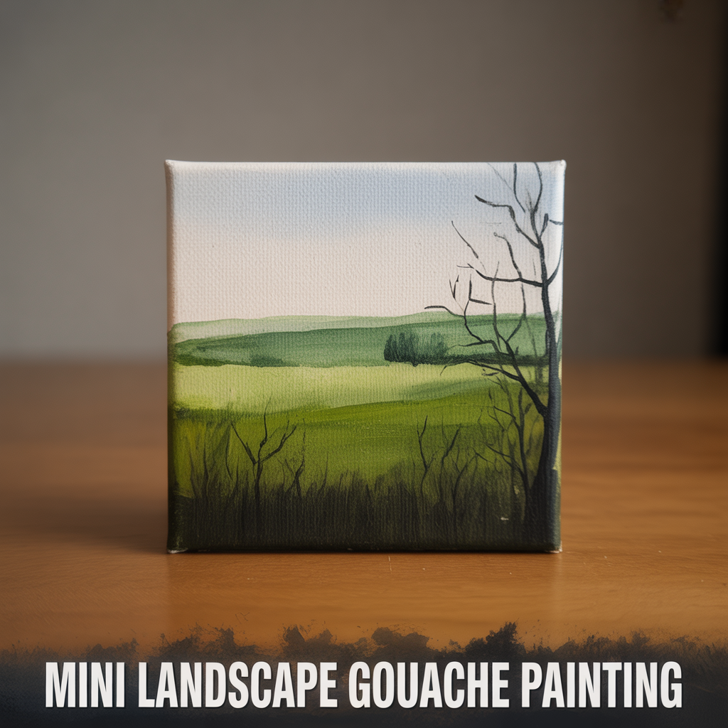 Mini landscape gouache painting with soft artistic scenery and colorful nature-inspired details
