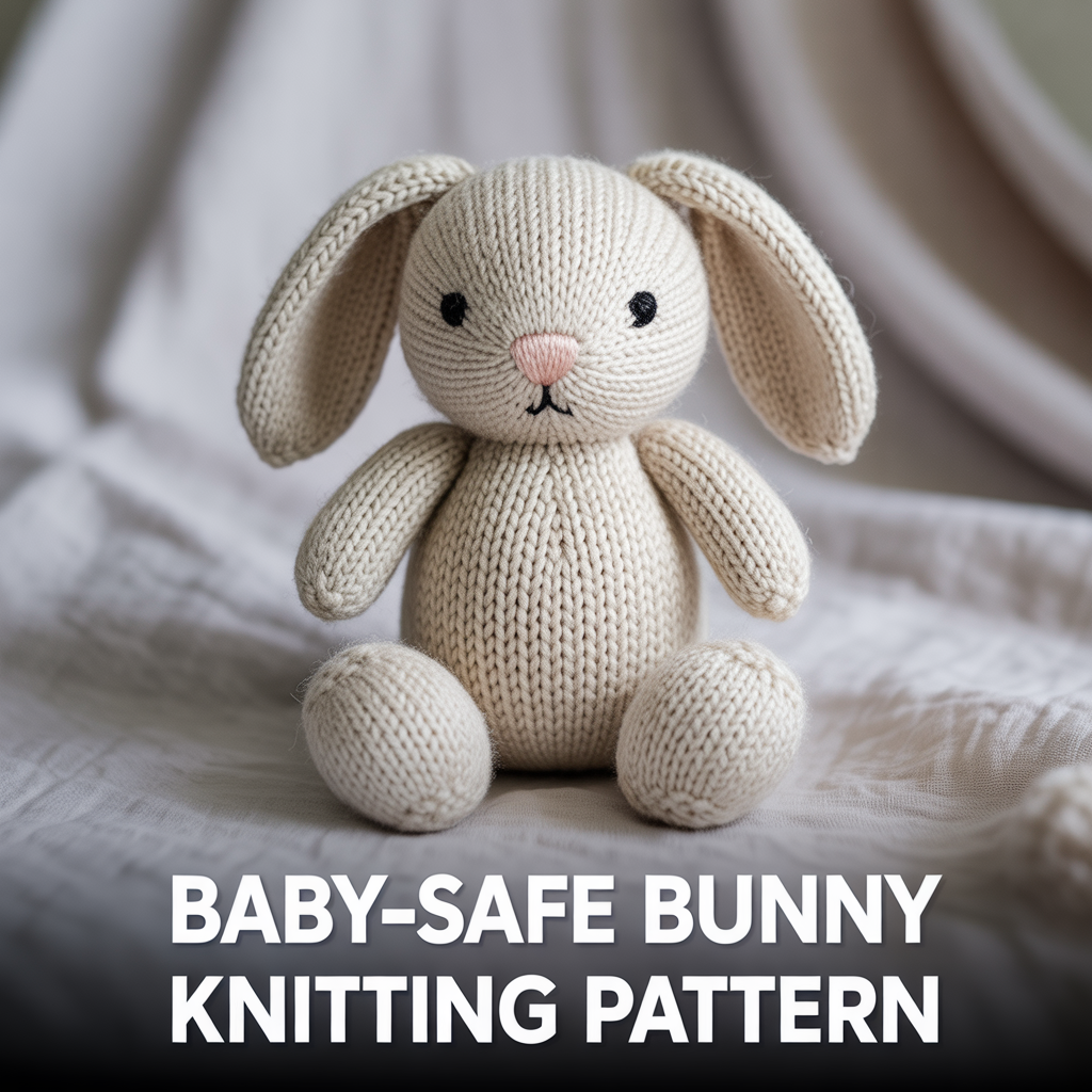 Baby-safe bunny knitting pattern with soft knitted texture and cute handmade plush toy design
