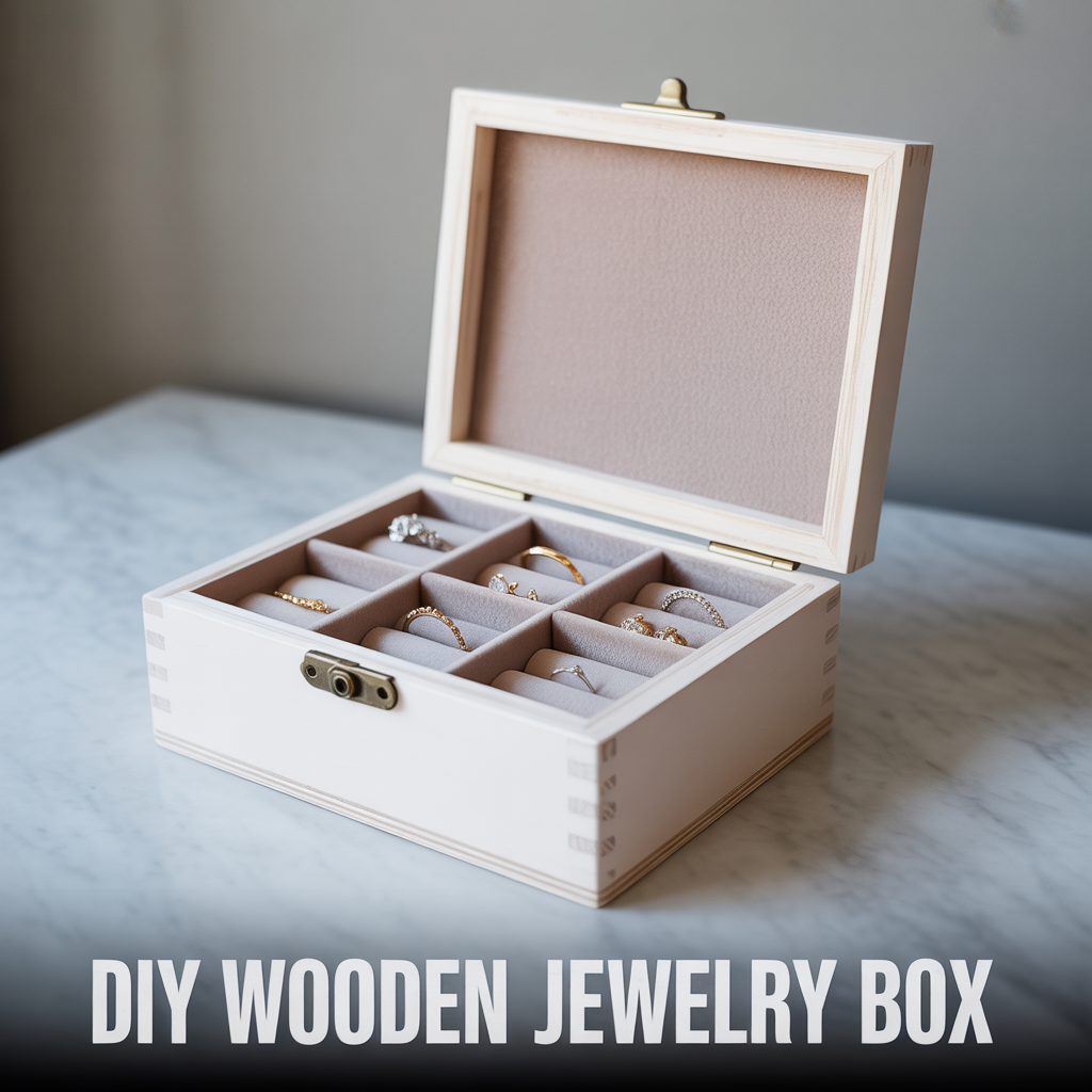 A minimalist wooden jewellery box with a smooth natural finish, clean lines, and professional studio lighting.