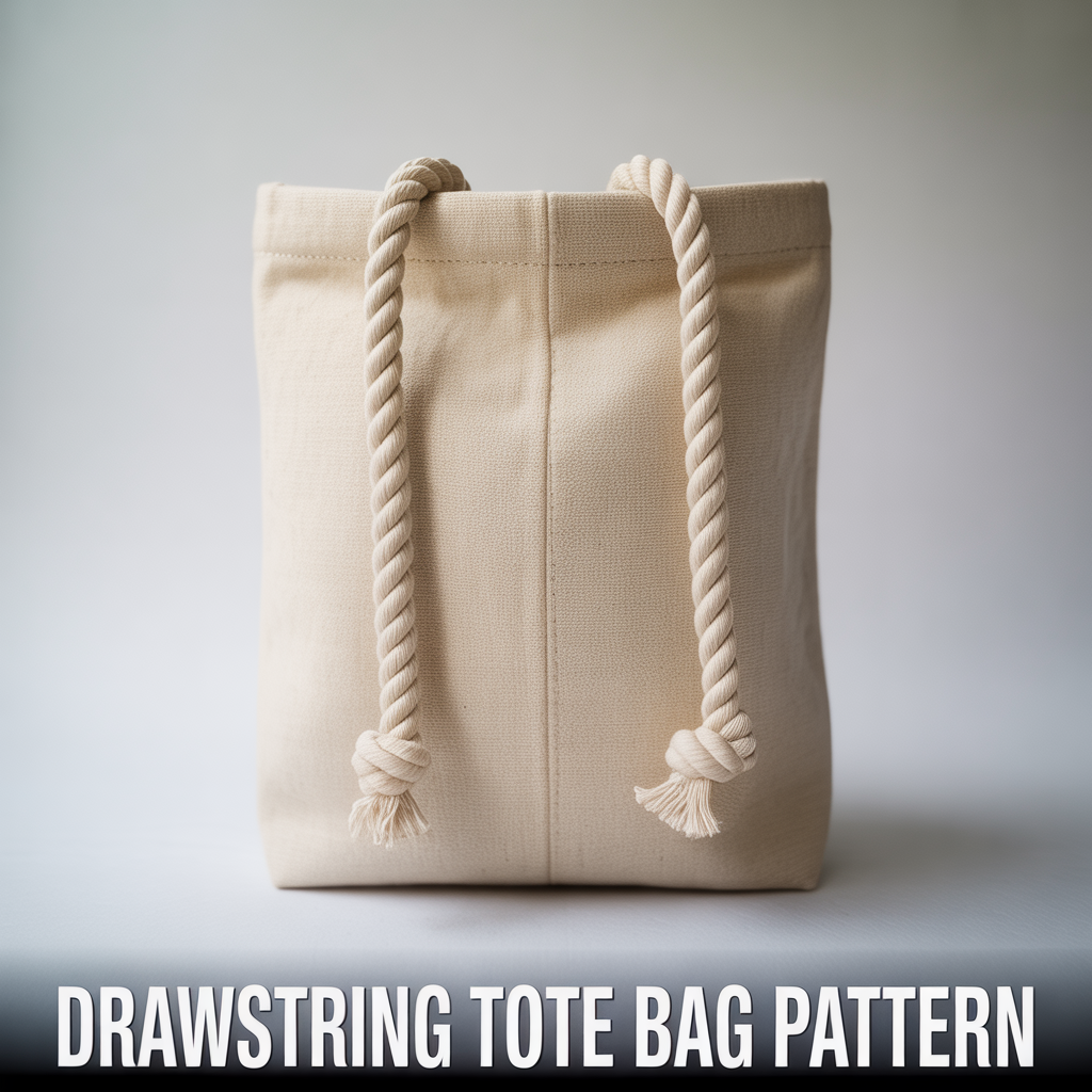 Drawstring canvas tote bag sewing pattern with a functional cinched top closure and shoulder straps.