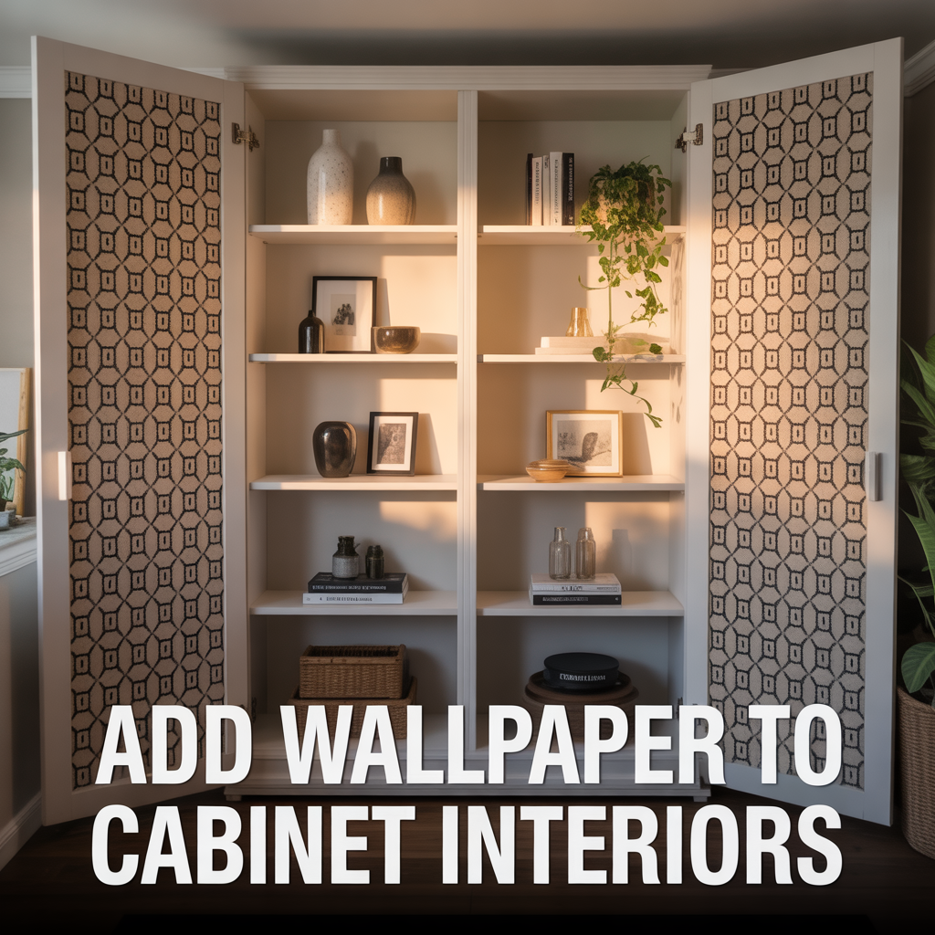 Cabinet interior updated with decorative wallpaper for a stylish custom look