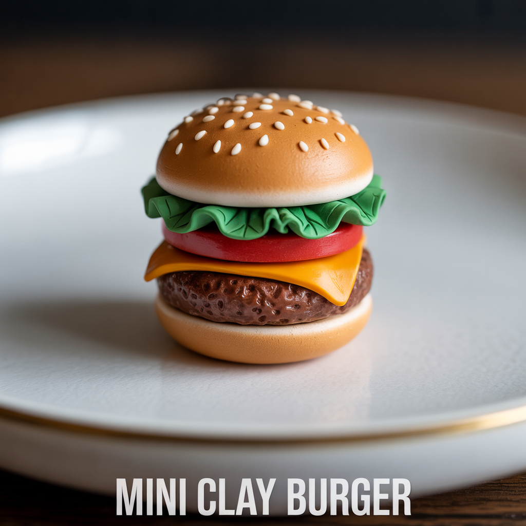 Mini clay burger figurine with detailed handmade layers for a cute DIY craft decoration