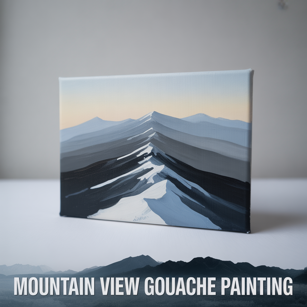 Mountain view gouache painting with layered landscape details and soft artistic color blending

