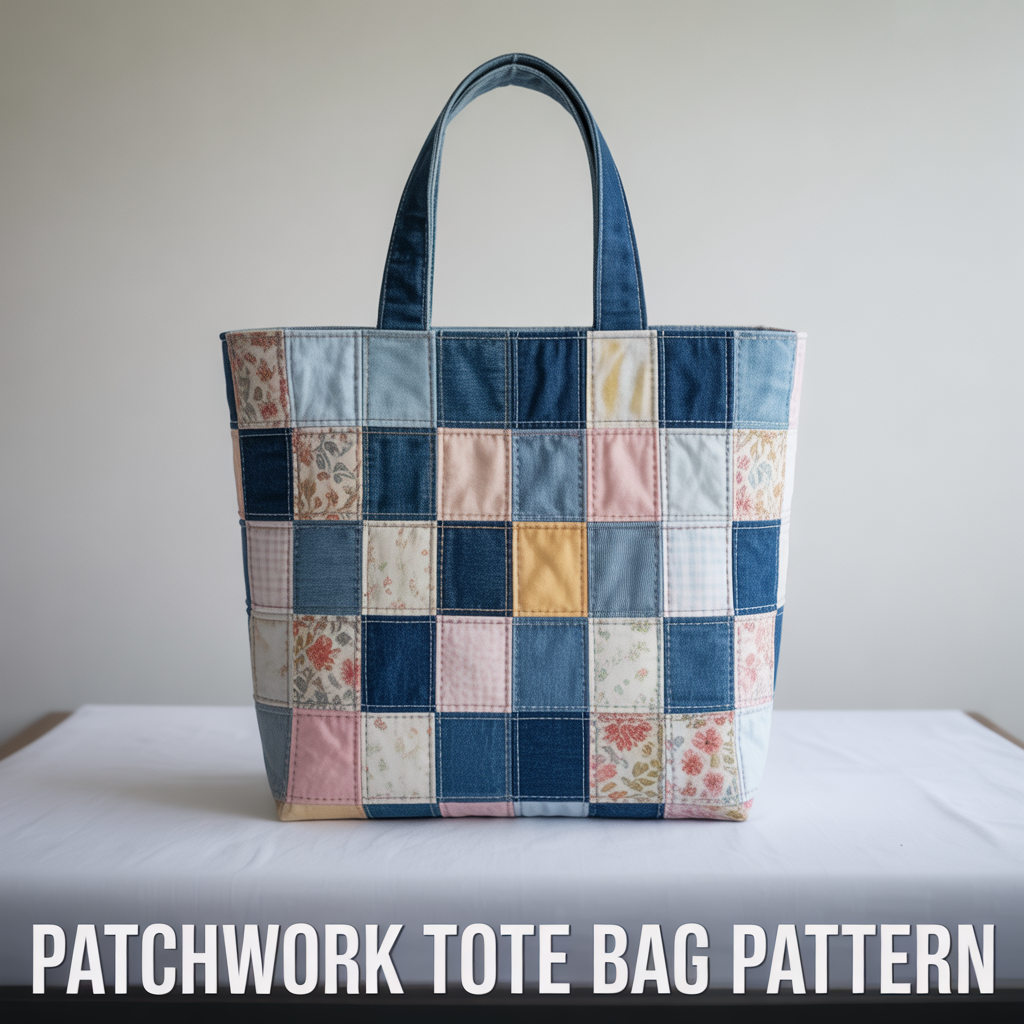 Colorful patchwork tote bag sewing pattern made from various fabric squares with reinforced seams.