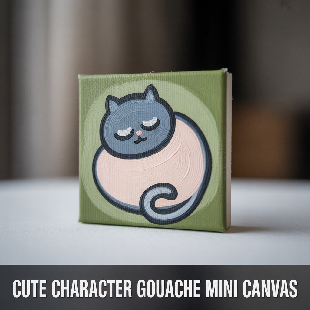 Cute character gouache mini canvas painting with colorful artistic details and playful handmade design
