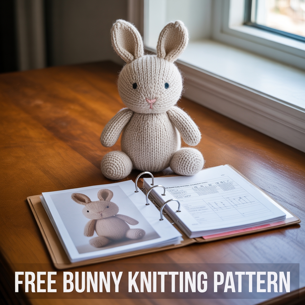 Free bunny knitting pattern PDF download with soft handmade plush design and cute knitted bunny details
