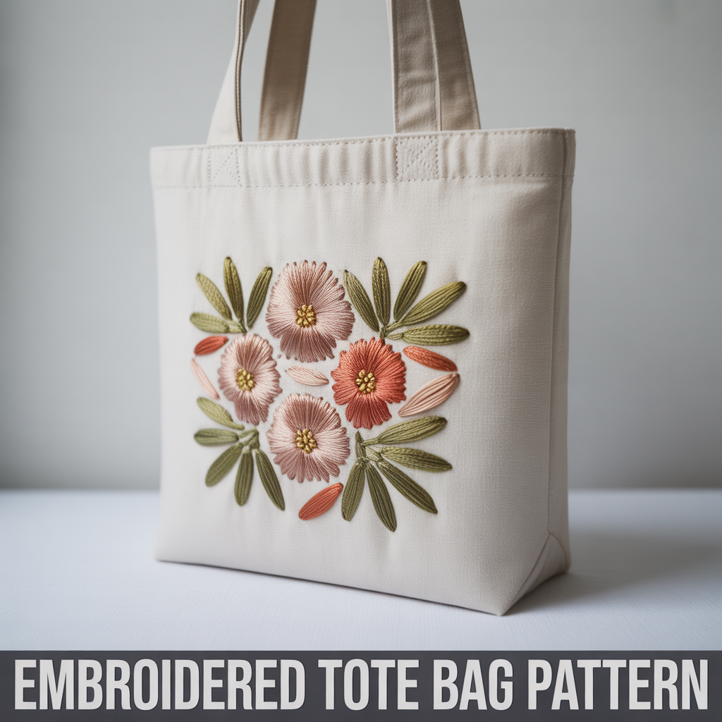 Hand-embroidered canvas tote bag sewing pattern featuring decorative floral stitching and simple handles.
