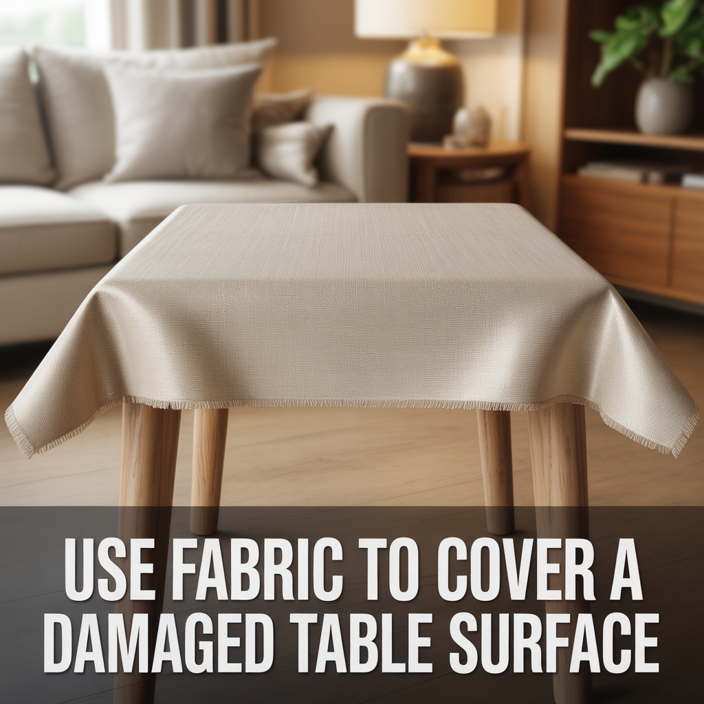 Cover a damaged table surface with decorative fabric for a stylish refreshed look