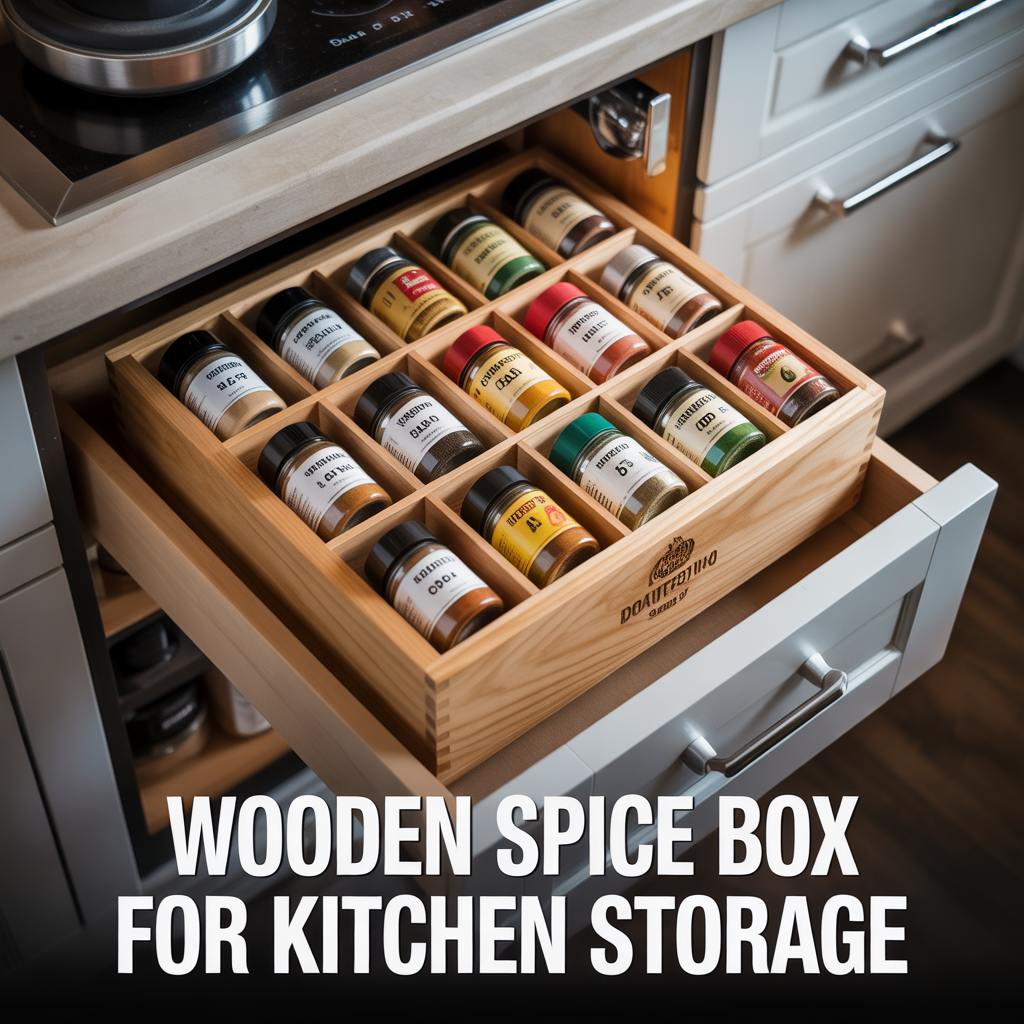 A handcrafted wooden spice box with a minimalist design, featuring natural grain and a clean, organized aesthetic.
