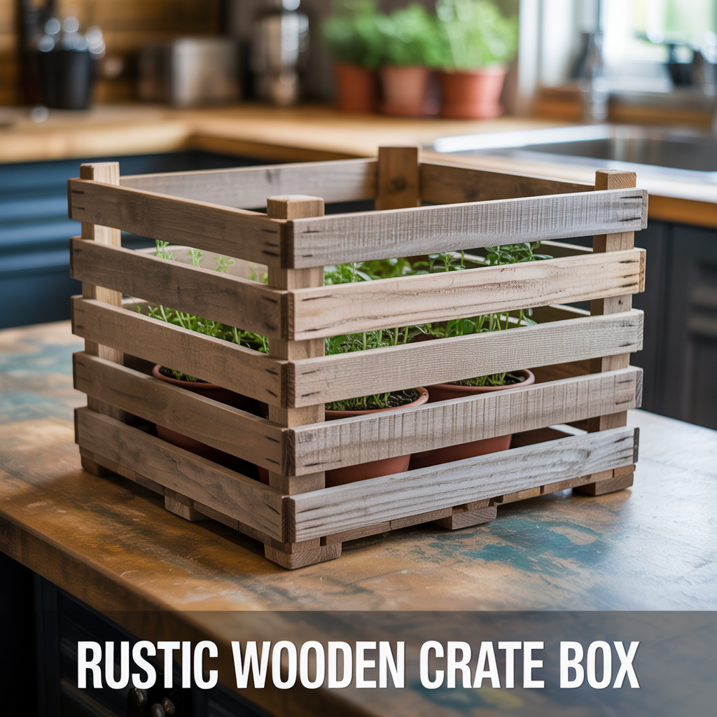 A rustic wooden crate box with a weathered finish, natural grain, and a clean, minimalist aesthetic.