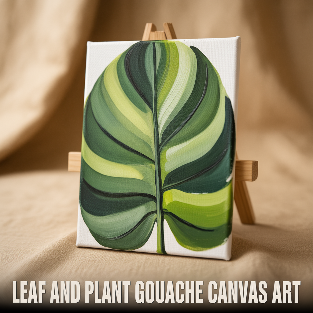 Leaf and plant gouache canvas art with soft botanical details and modern artistic design
