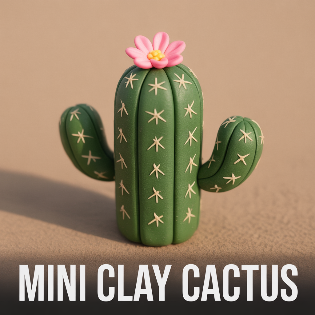 Mini clay cactus in a tiny pot for a cute handmade decorative craft display
