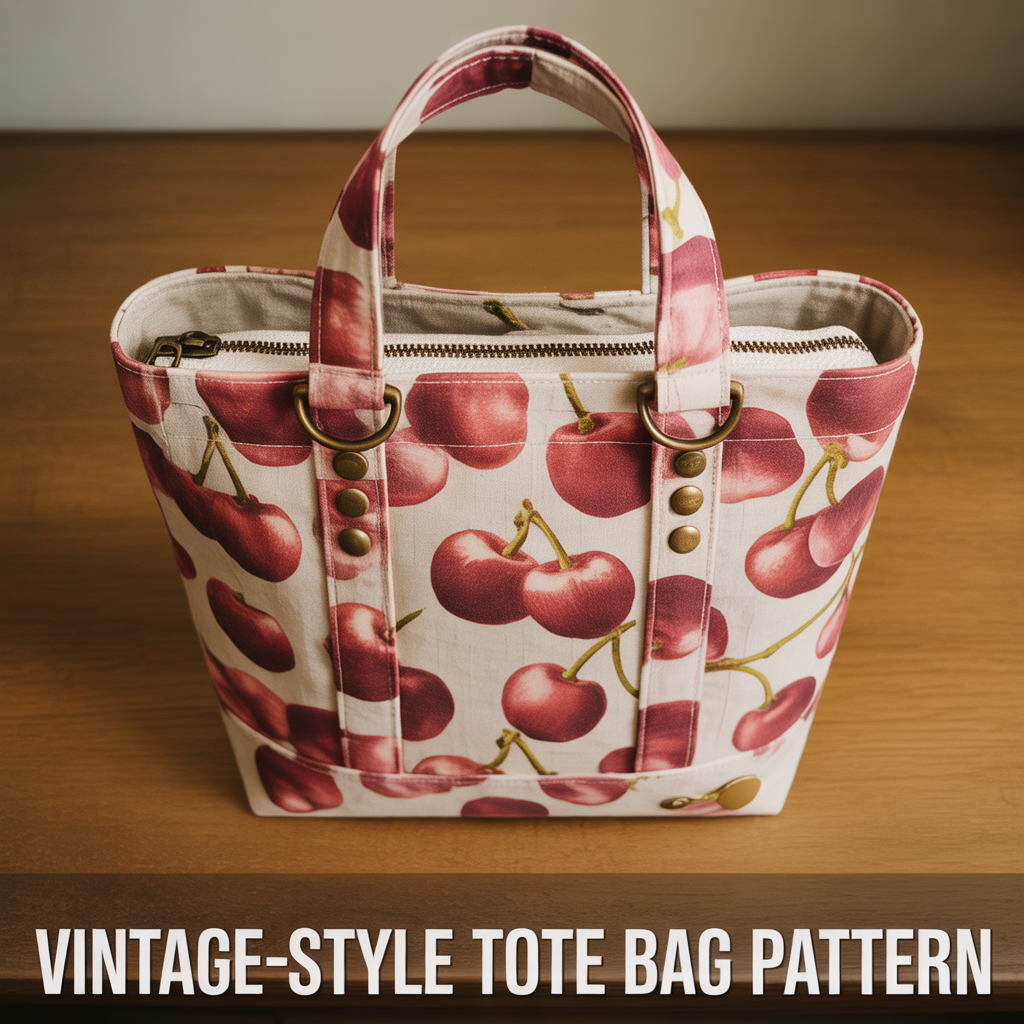 Retro-style vintage tote bag sewing pattern with classic proportions and decorative antique-inspired details.