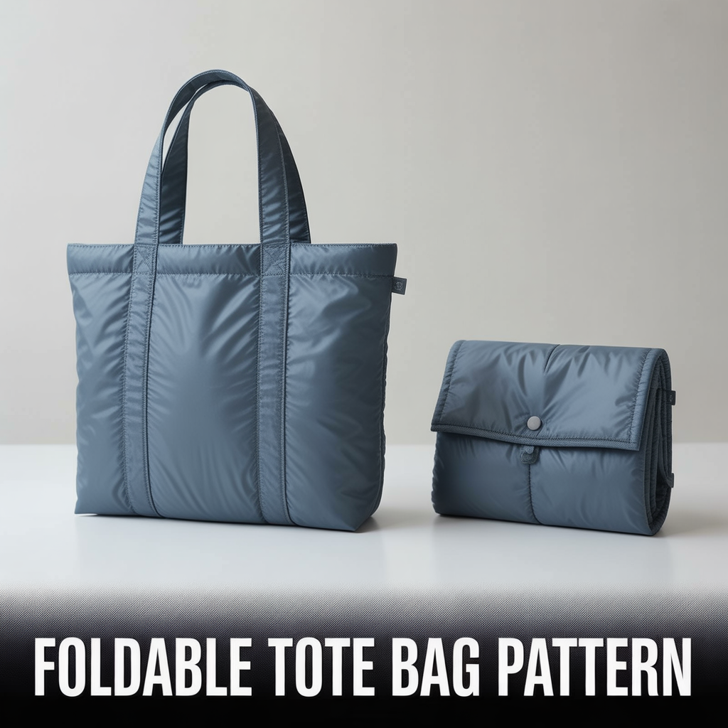 Compact foldable tote bag sewing pattern that collapses into a small built-in pouch.