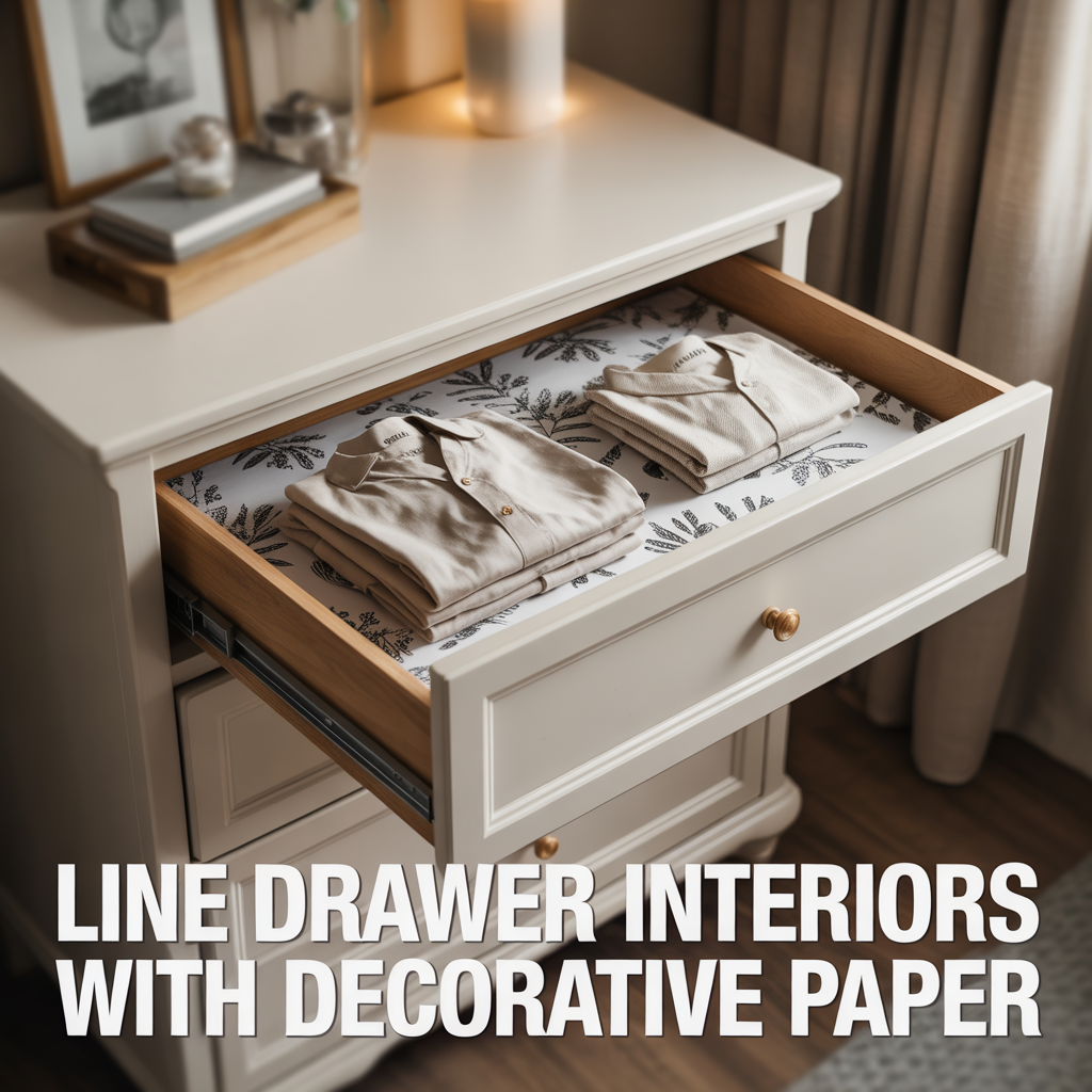 Drawer interiors lined with decorative paper for a stylish and organized furniture upgrade