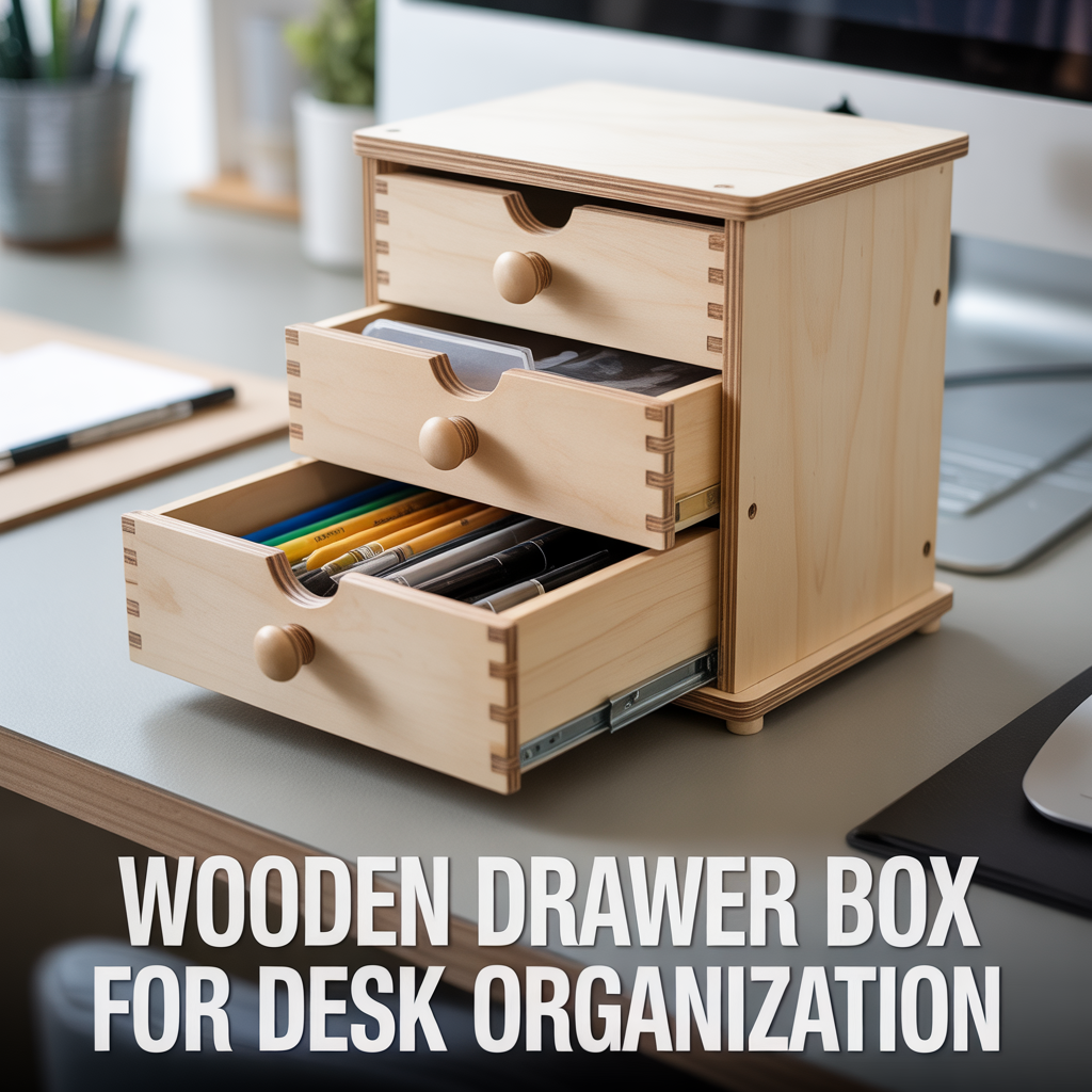Wooden drawer box for desk organization with practical storage compartments and handcrafted design details

