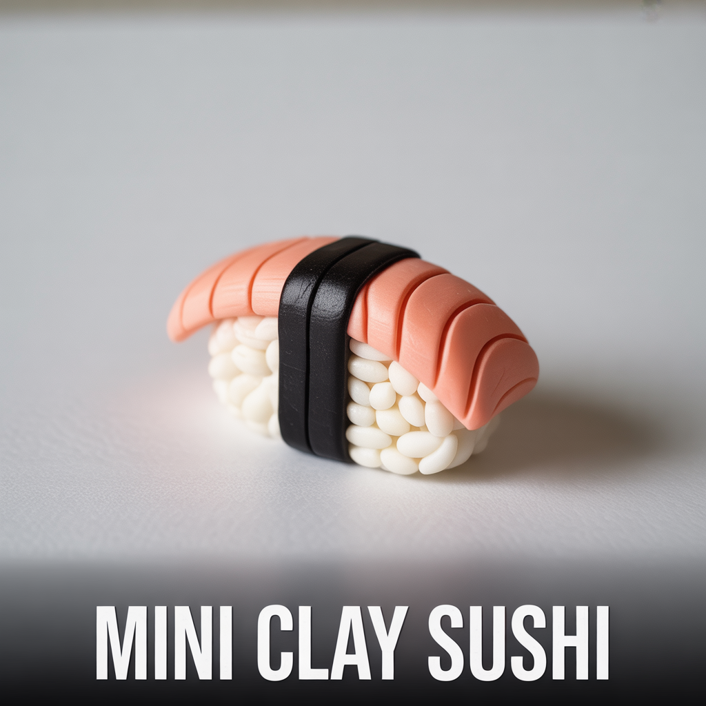 Mini clay sushi set with detailed handmade pieces for a cute decorative DIY craft display