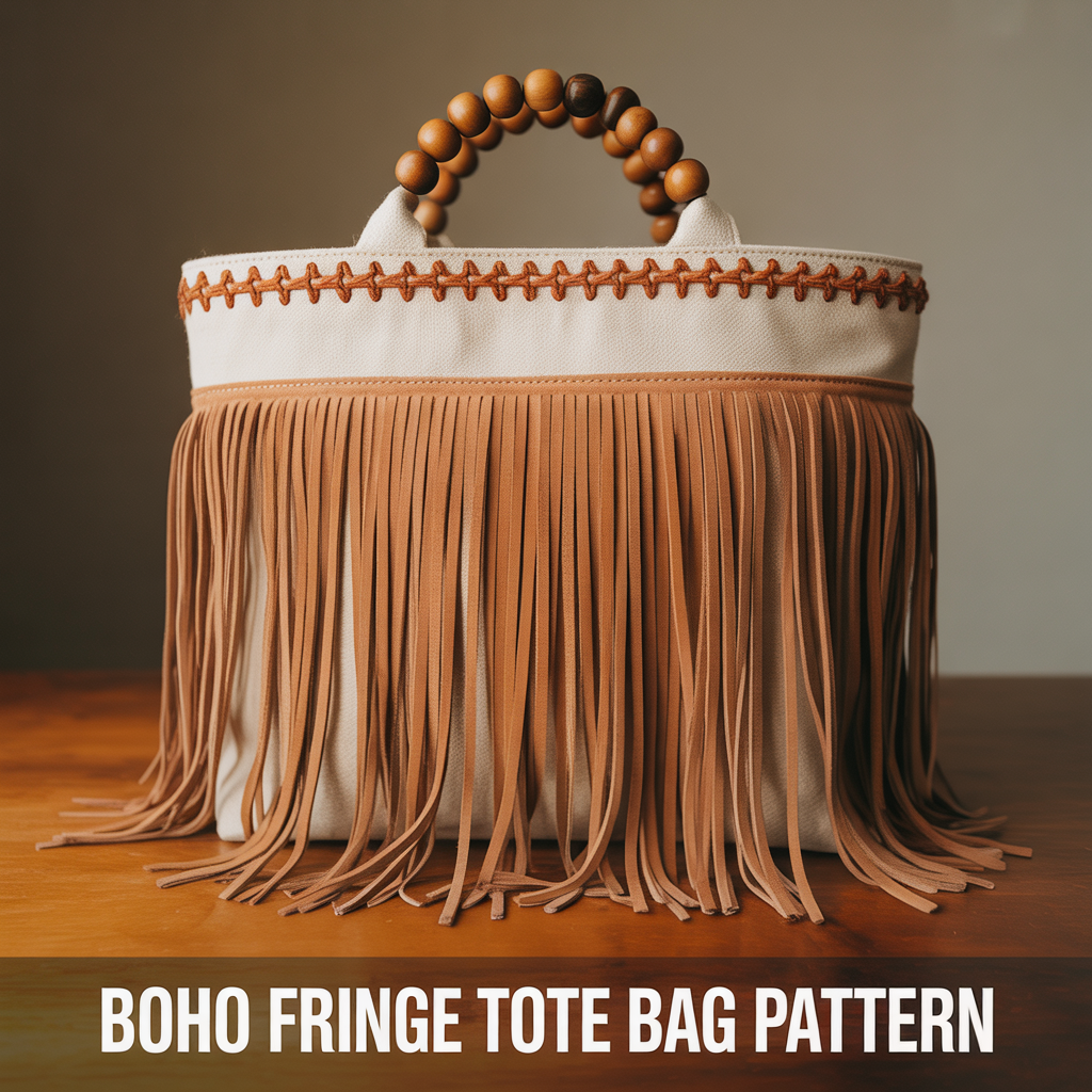 Boho-style tote bag sewing pattern featuring decorative fringe trim and a relaxed silhouette.