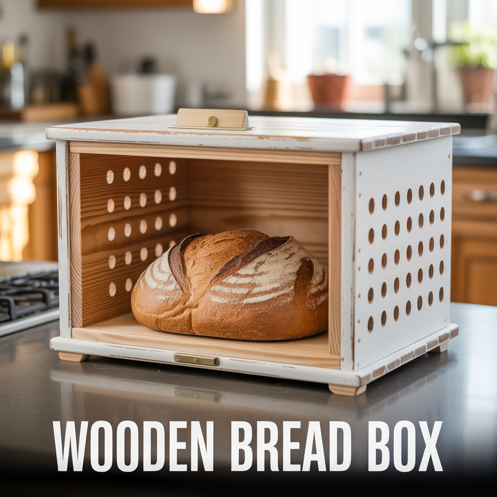 A minimalist wooden bread box with a clean design, smooth finish, and professional studio lighting.