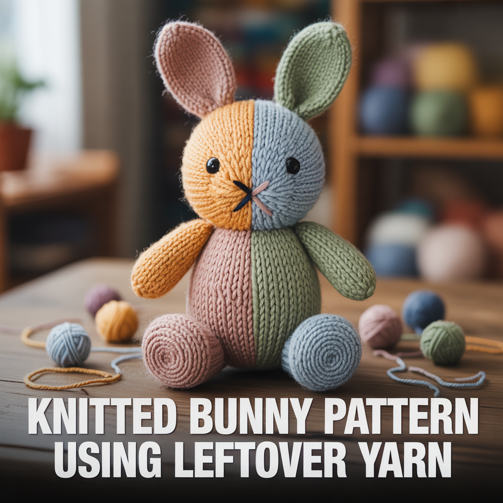 Knitted bunny pattern using leftover yarn for a cute eco-friendly handmade plush project
