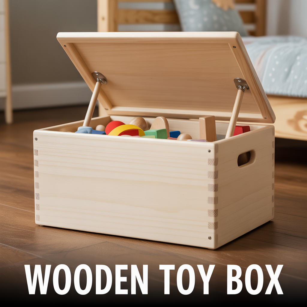 A minimalist wooden toy box with a smooth natural finish, rounded edges, and a clean, high-quality aesthetic.