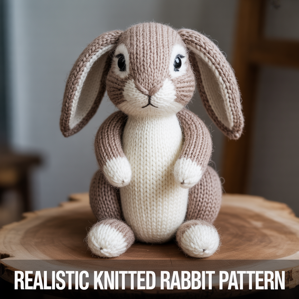 Realistic knitted rabbit pattern with detailed handmade features and soft textured yarn design

