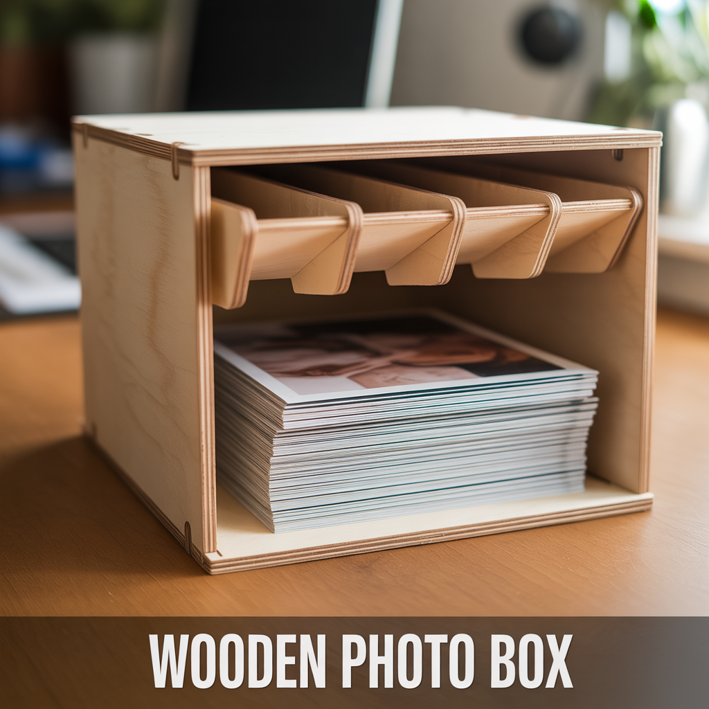 A minimalist wooden photo box with a smooth finish and clean lines, designed for preserving prints in a professional, high-quality aesthetic.