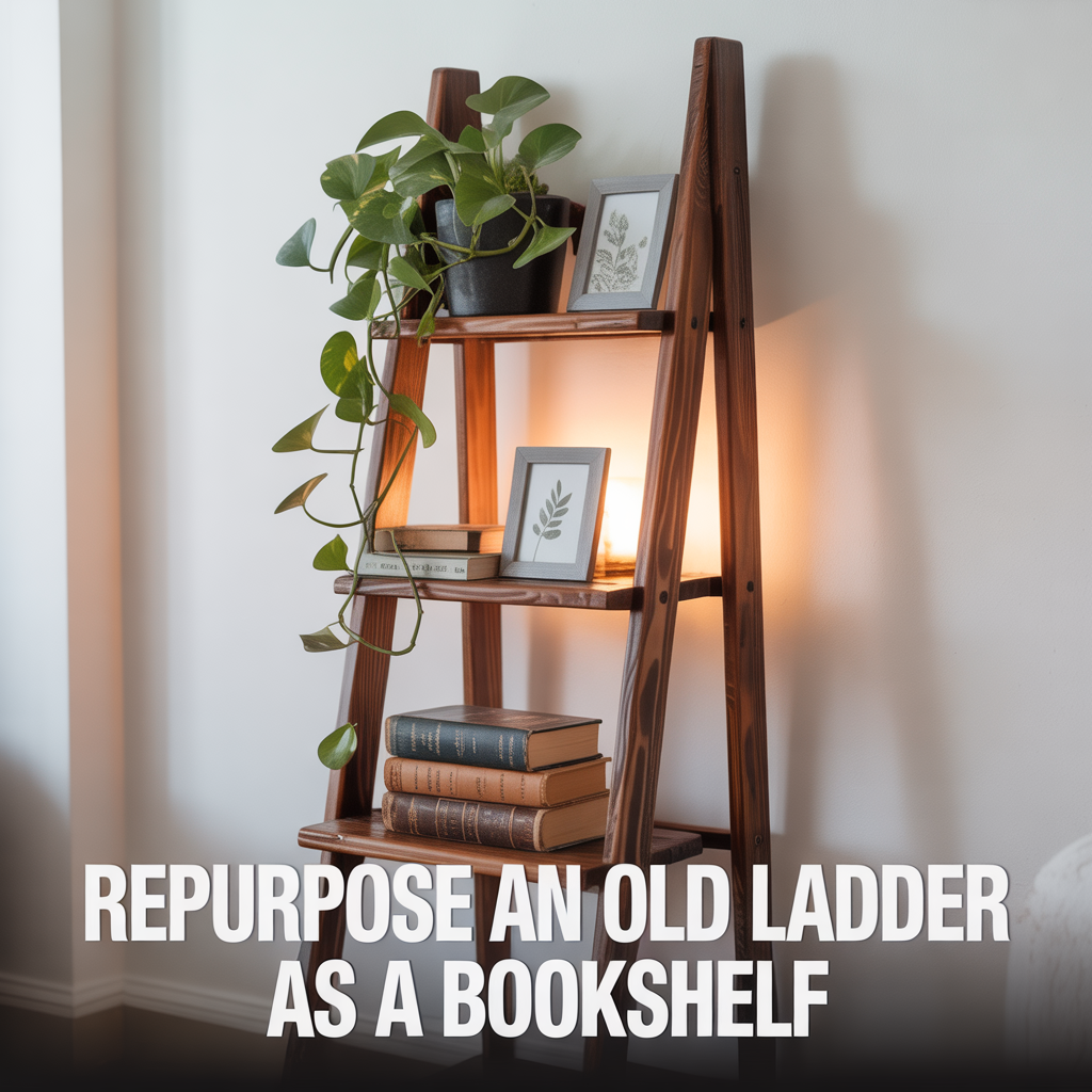 Old wooden ladder repurposed into a creative bookshelf for rustic home decor