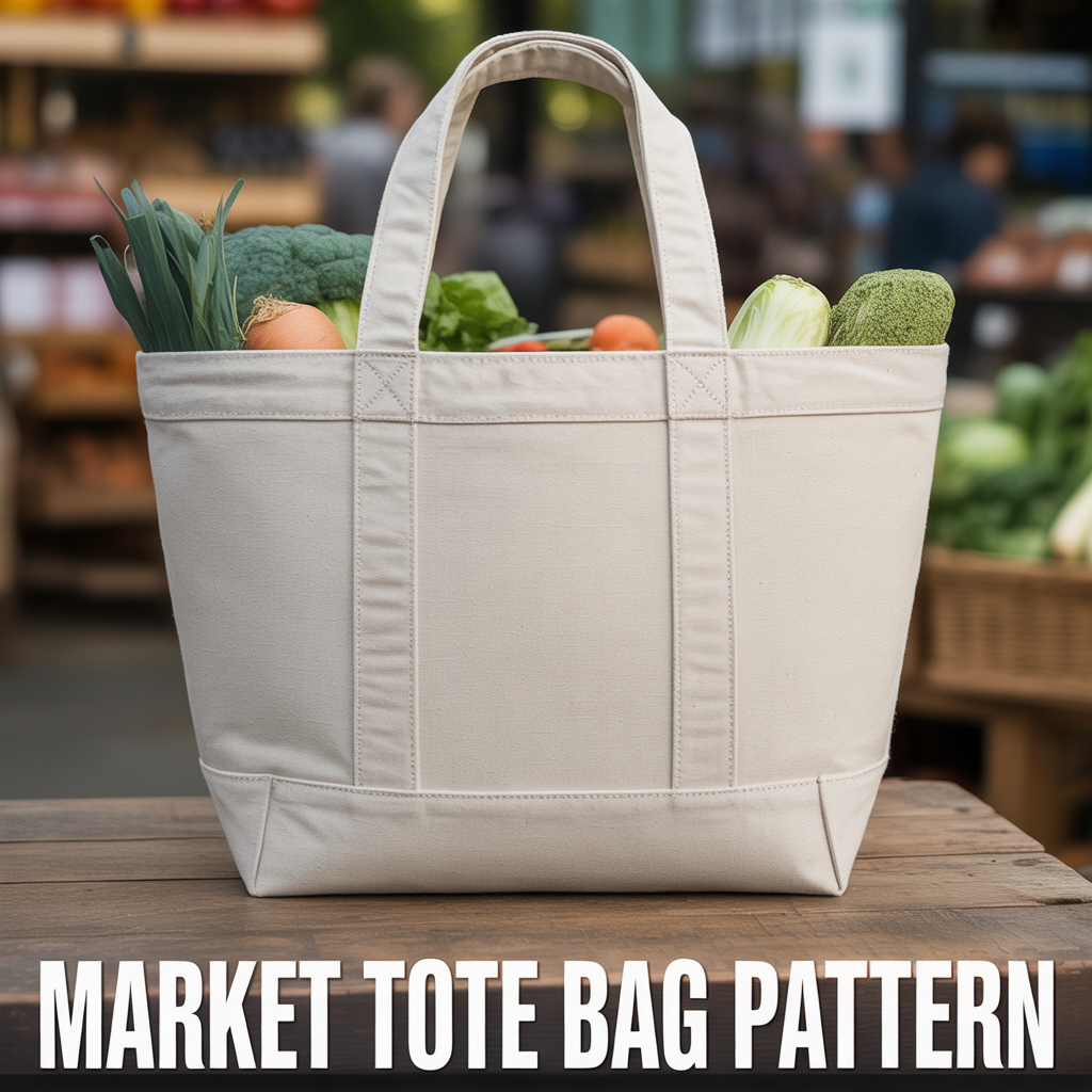 Large-capacity market tote bag sewing pattern with a reinforced base and extra-wide straps.