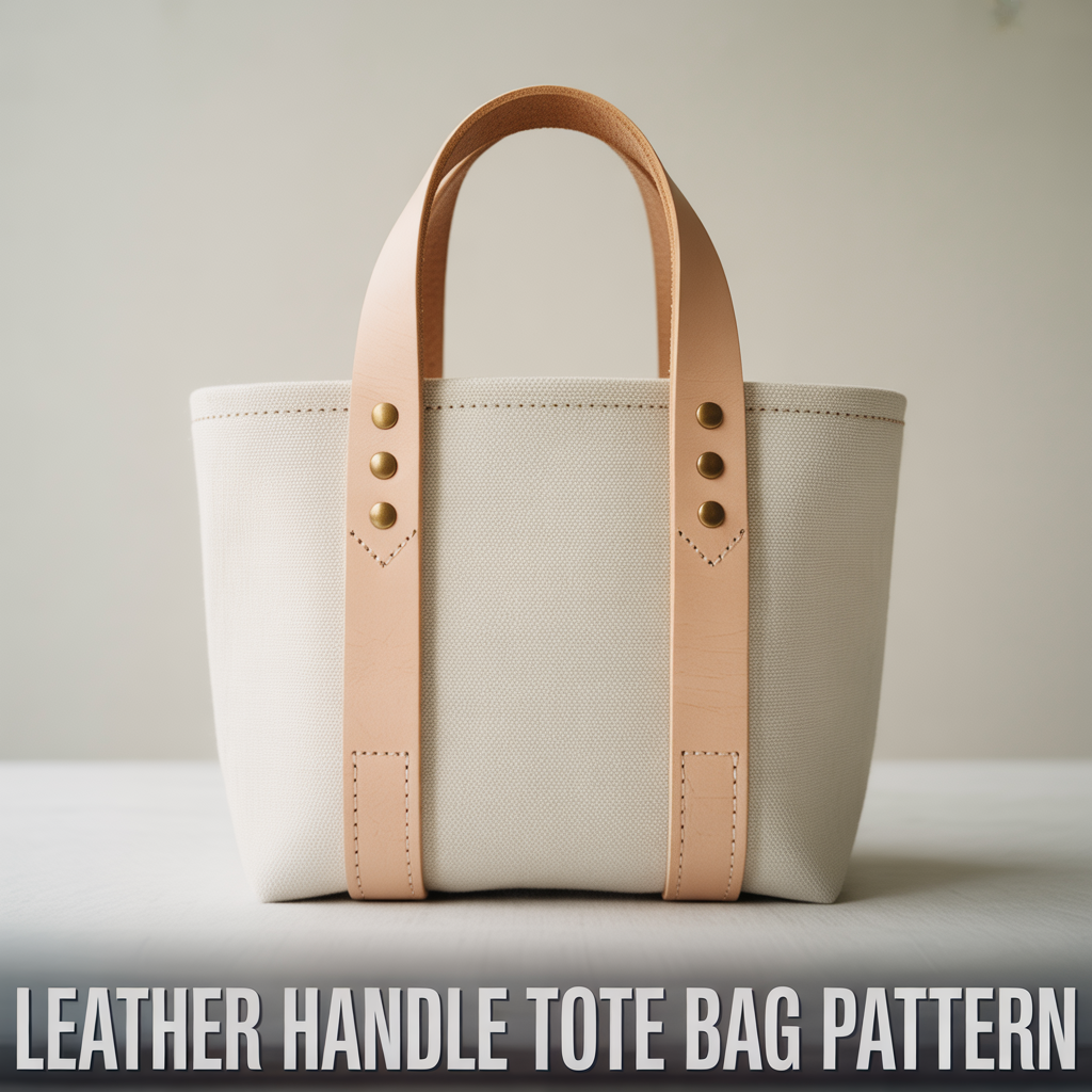 Canvas tote bag sewing pattern featuring premium leather handles and metal rivet hardware.