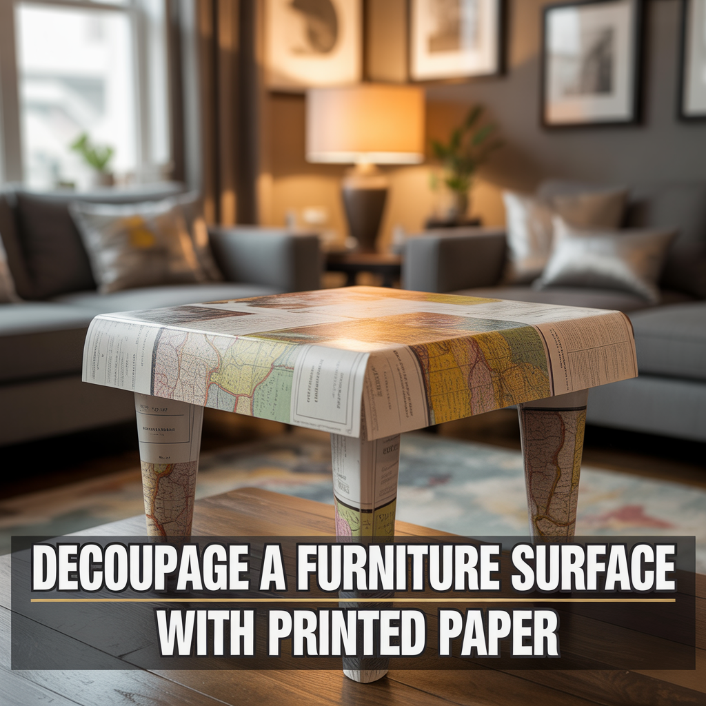 Furniture surface decorated with decoupage printed paper for a creative artistic makeover