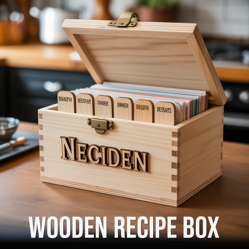 A minimalist wooden recipe box with a smooth natural finish and clean, professional studio lighting.