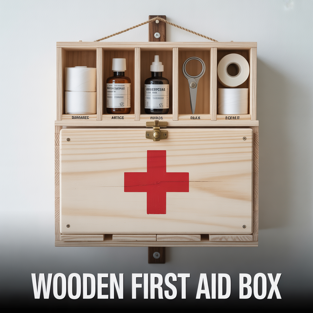 A minimalist wooden first aid box with a clean, professional finish and soft, realistic shadows.
