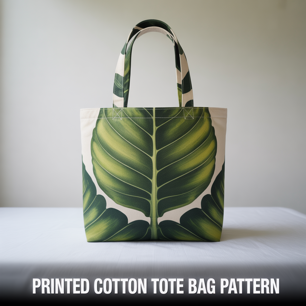 Patterned cotton tote bag sewing pattern featuring a vibrant print and lightweight foldable design.