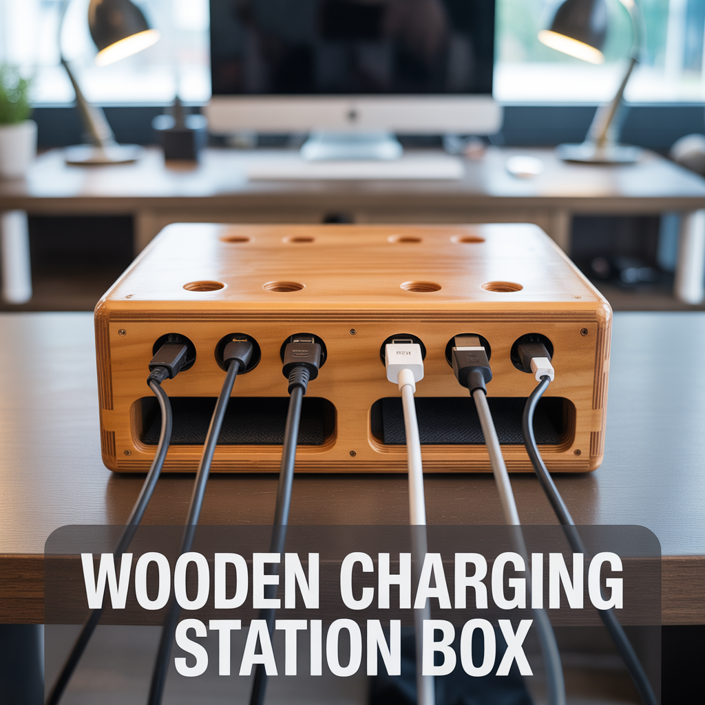 A sleek, minimalist wooden charging station box with integrated cable slots and a clean, clutter-free aesthetic.